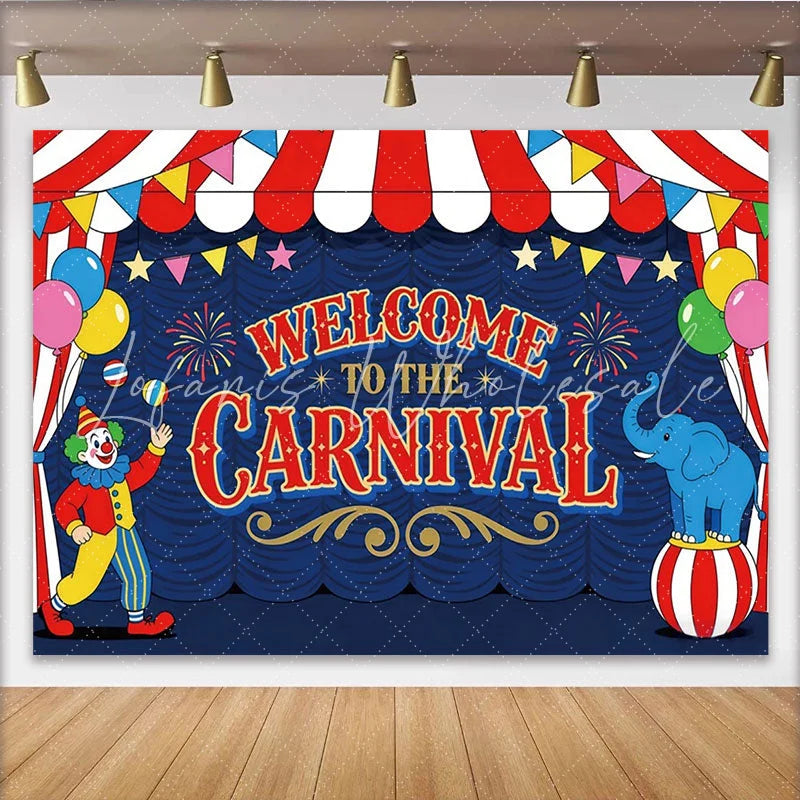 Lofaris Vibrant Red and Blue Carnival Birthday Backdrop with Clown and Elephant Festive Welcome to the Carnival Party Background