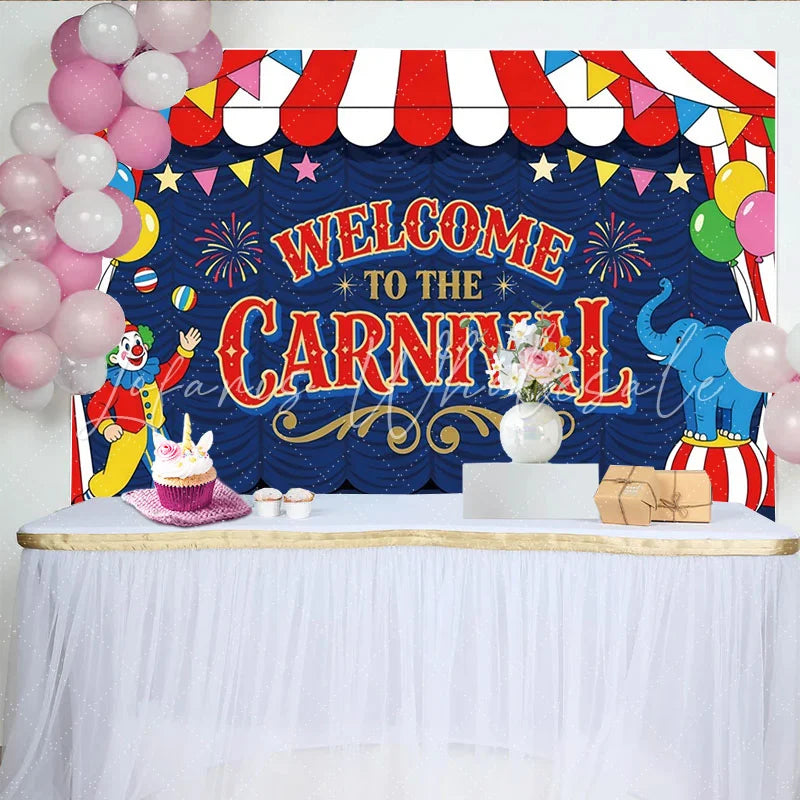 Lofaris Vibrant Red and Blue Carnival Birthday Backdrop with Clown and Elephant Festive Welcome to the Carnival Party Background