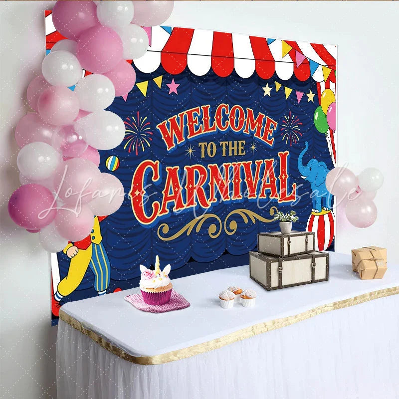 Lofaris Vibrant Red and Blue Carnival Birthday Backdrop with Clown and Elephant Festive Welcome to the Carnival Party Background