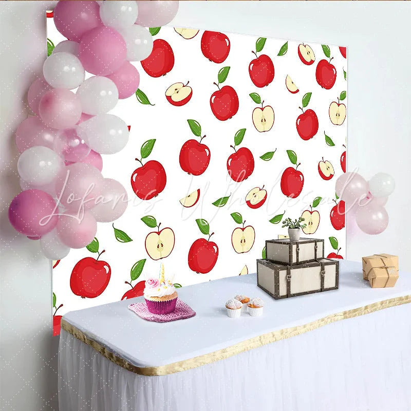 Lofaris Vibrant Red Apple Photography Backdrop with Green Leaves Seamless Fruit Pattern for Studio Photoshoot