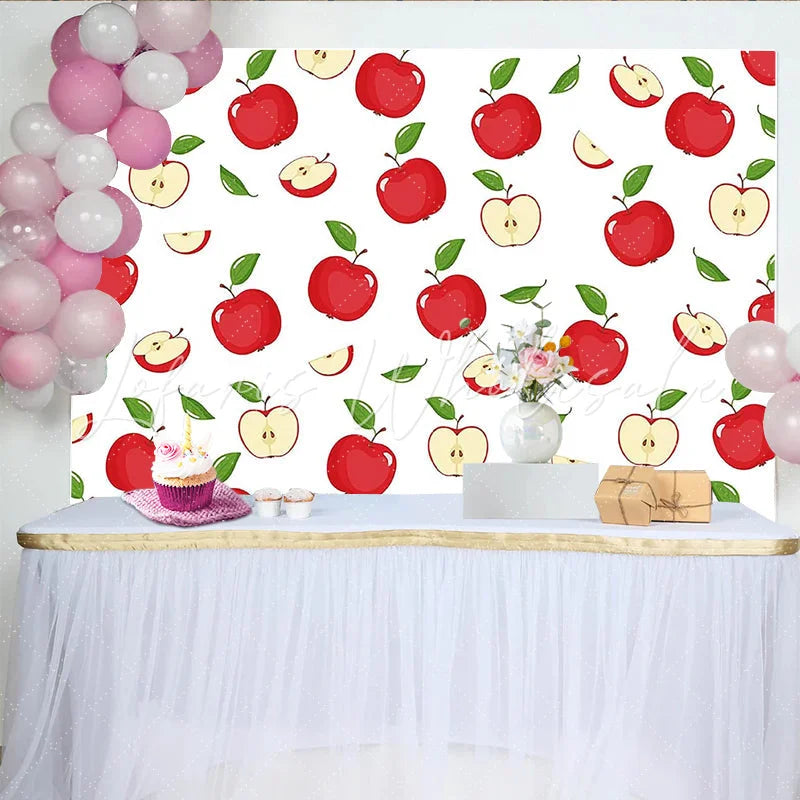 Lofaris Vibrant Red Apple Photography Backdrop with Green Leaves Seamless Fruit Pattern for Studio Photoshoot
