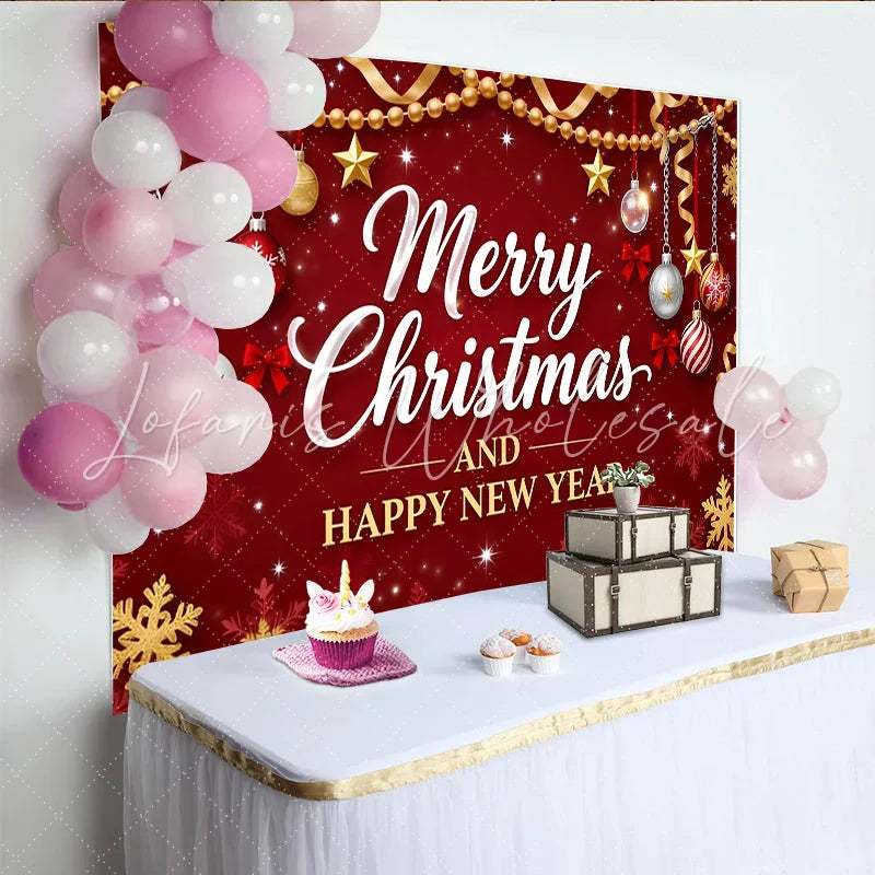 Lofaris Vibrant Red Merry Christmas and Happy New Year Backdrop Golden Ornaments and Snowflakes Party Background for Winter Holiday