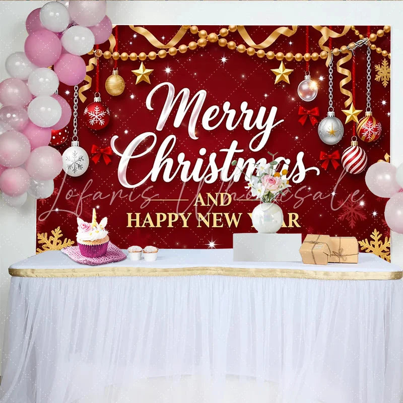 Lofaris Vibrant Red Merry Christmas and Happy New Year Backdrop Golden Ornaments and Snowflakes Party Background for Winter Holiday