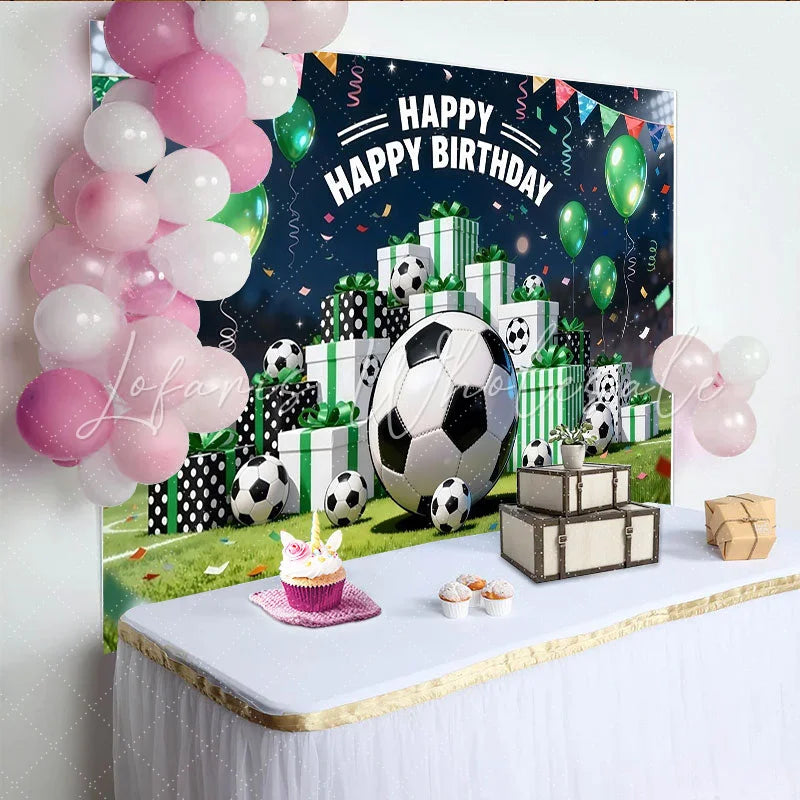 Lofaris Vibrant Soccer Birthday Backdrop with Green Balloons and Gift Boxes Stadium Field Background for Sports Party Decor