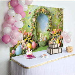 Lofaris Vibrant Spring Easter Backdrop with Floral Arch Cute Bunnies and Colorful Eggs Garden Party Photo Booth