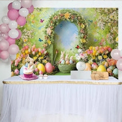 Lofaris Vibrant Spring Easter Backdrop with Floral Arch Cute Bunnies and Colorful Eggs Garden Party Photo Booth