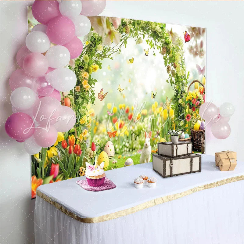 Lofaris Vibrant Spring Easter Backdrop with White Rabbit Colorful Eggs Butterflies and Floral Archway for Celebration