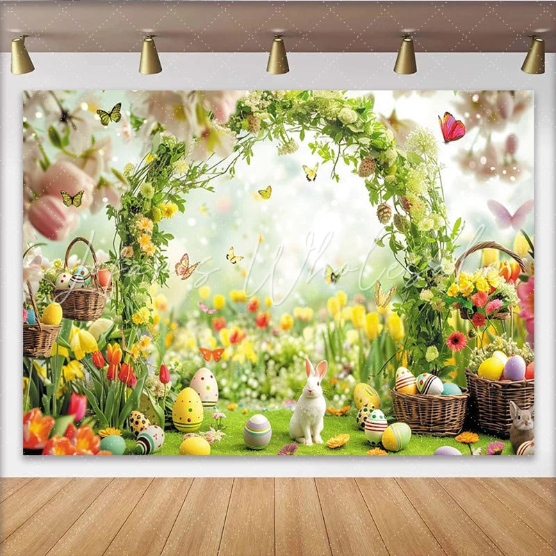 Lofaris Vibrant Spring Easter Backdrop with White Rabbit Colorful Eggs Butterflies and Floral Archway for Celebration