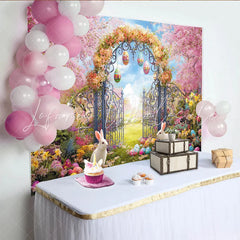 Lofaris Vibrant Spring Easter Garden Backdrop with Pink Cherry Blossoms Ornate Gate and Cute Rabbits for Photoshoot