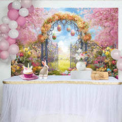 Lofaris Vibrant Spring Easter Garden Backdrop with Pink Cherry Blossoms Ornate Gate and Cute Rabbits for Photoshoot