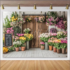 Lofaris Vibrant Spring Floral Photography Backdrop with Rustic Wood Door Charming Flower Shop Background for Studio Photoshoot