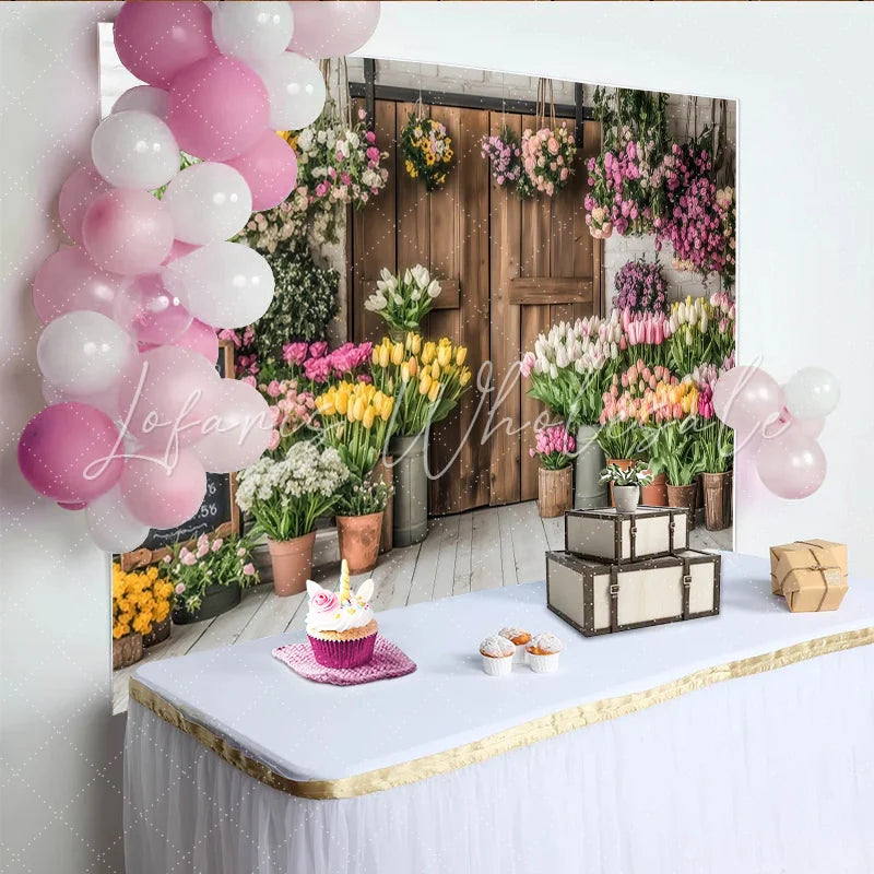 Lofaris Vibrant Spring Floral Photography Backdrop with Rustic Wood Door Charming Flower Shop Background for Studio Photoshoot