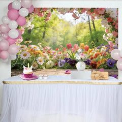 Lofaris Vibrant Spring Floral Photography Backdrop with Wooden Floor Bright Nature Scene Background for Studio Photoshoots and Decor