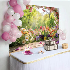 Lofaris Vibrant Spring Floral Photography Backdrop with Wooden Floor Bright Nature Scene Background for Studio Photoshoots and Decor