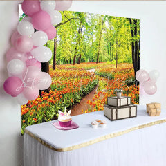 Lofaris Vibrant Spring Forest Tulip Photography Backdrop with Lush Green Trees Beautiful Nature Background for Photoshoot