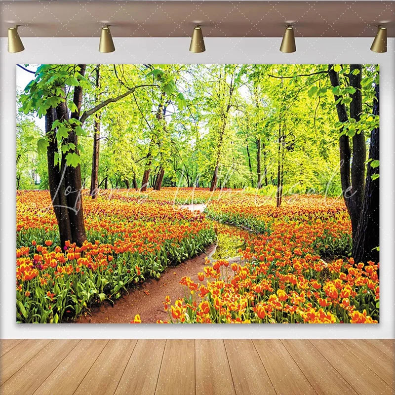 Lofaris Vibrant Spring Forest Tulip Photography Backdrop with Lush Green Trees Beautiful Nature Background for Photoshoot