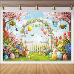 Lofaris Vibrant Spring Garden Easter Backdrop with Bunnies and Eggs Floral Photography Background for Holiday Party Decoration