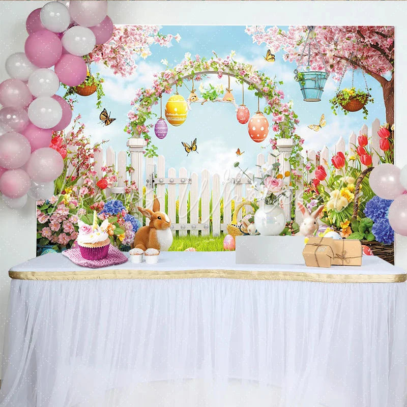 Lofaris Vibrant Spring Garden Easter Backdrop with Bunnies and Eggs Floral Photography Background for Holiday Party Decoration