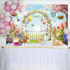 Lofaris Vibrant Spring Garden Easter Backdrop with Bunnies and Eggs Floral Photography Background for Holiday Party Decoration