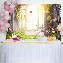 Lofaris Vibrant Spring Garden Easter Backdrop with Sunlit Arched Window Colorful Tulips and Flying Butterflies
