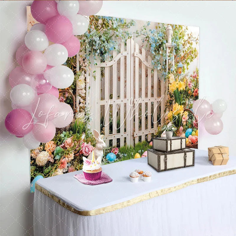 Lofaris Vibrant Spring Garden Easter Backdrop with White Picket Fence Cute Bunnies and Colorful Eggs for Spring Party