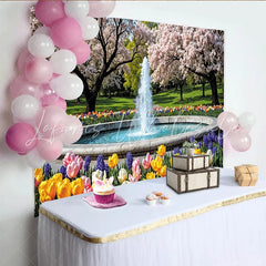 Lofaris Vibrant Spring Garden Photography Backdrop with Cherry Blossoms and Fountain Beautiful Nature Background for Studio Photoshoot