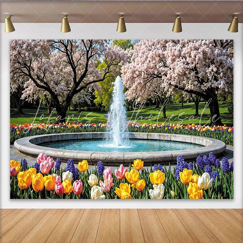Lofaris Vibrant Spring Garden Photography Backdrop with Cherry Blossoms and Fountain Beautiful Nature Background for Studio Photoshoot