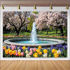 Lofaris Vibrant Spring Garden Photography Backdrop with Cherry Blossoms and Fountain Beautiful Nature Background for Studio Photoshoot