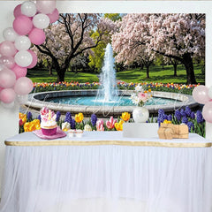 Lofaris Vibrant Spring Garden Photography Backdrop with Cherry Blossoms and Fountain Beautiful Nature Background for Studio Photoshoot