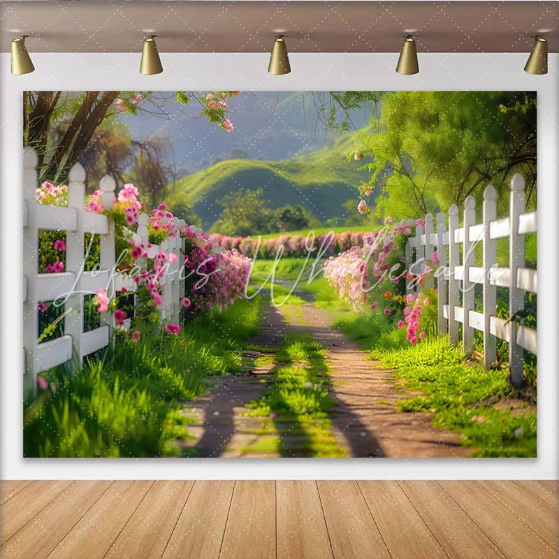 Lofaris Vibrant Spring Garden Photography Backdrop with Pink Flowers Fence Scenic Nature Background for Outdoor Photoshoot