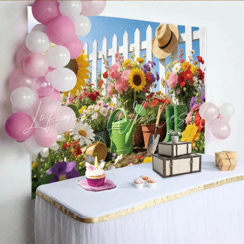 Lofaris Vibrant Spring Garden Photography Backdrop with Sunflowers and Picket Fence Outdoor Photo Background for Party Decor