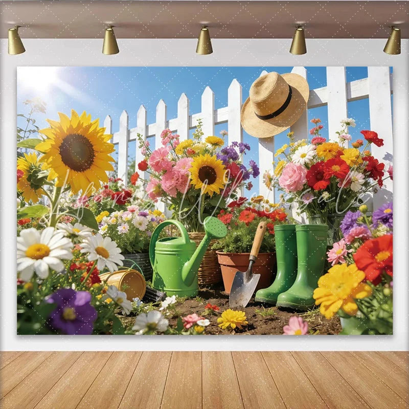 Lofaris Vibrant Spring Garden Photography Backdrop with Sunflowers and Picket Fence Outdoor Photo Background for Party Decor