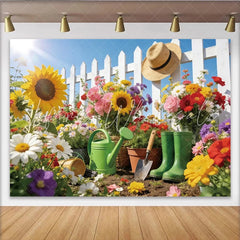 Lofaris Vibrant Spring Garden Photography Backdrop with Sunflowers and Picket Fence Outdoor Photo Background for Party Decor