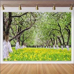 Lofaris Vibrant Spring Orchard Photography Backdrop with Yellow Flowers Lush Green Scenery Background for Studio Photoshoot