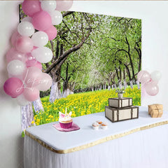 Lofaris Vibrant Spring Orchard Photography Backdrop with Yellow Flowers Lush Green Scenery Background for Studio Photoshoot