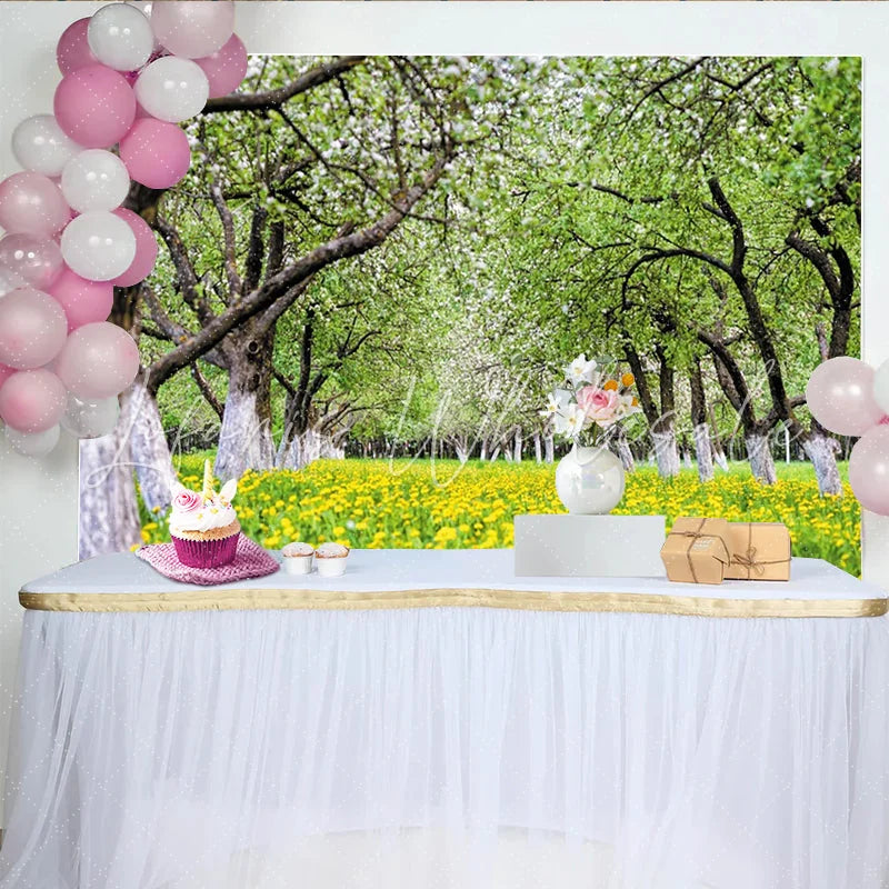 Lofaris Vibrant Spring Orchard Photography Backdrop with Yellow Flowers Lush Green Scenery Background for Studio Photoshoot