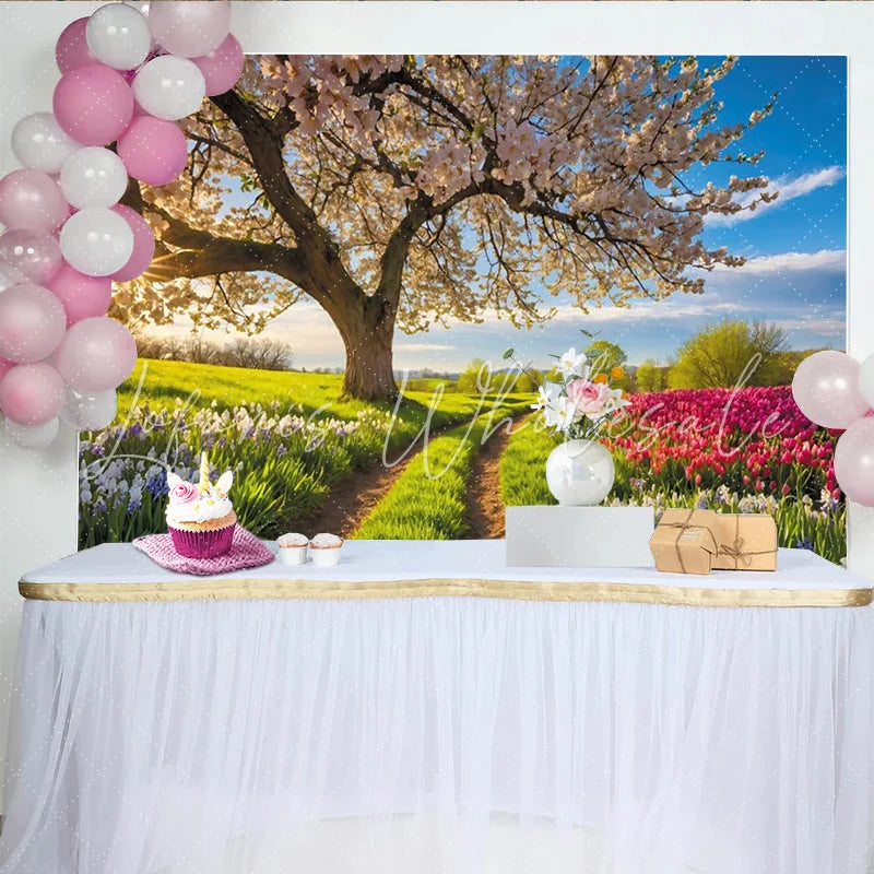 Lofaris Vibrant Spring Photography Backdrop with Blooming Tree and Colorful Flowers Scenic Nature Background for Studio Photoshoot
