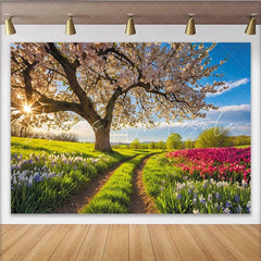 Lofaris Vibrant Spring Photography Backdrop with Blooming Tree and Colorful Flowers Scenic Nature Background for Studio Photoshoot