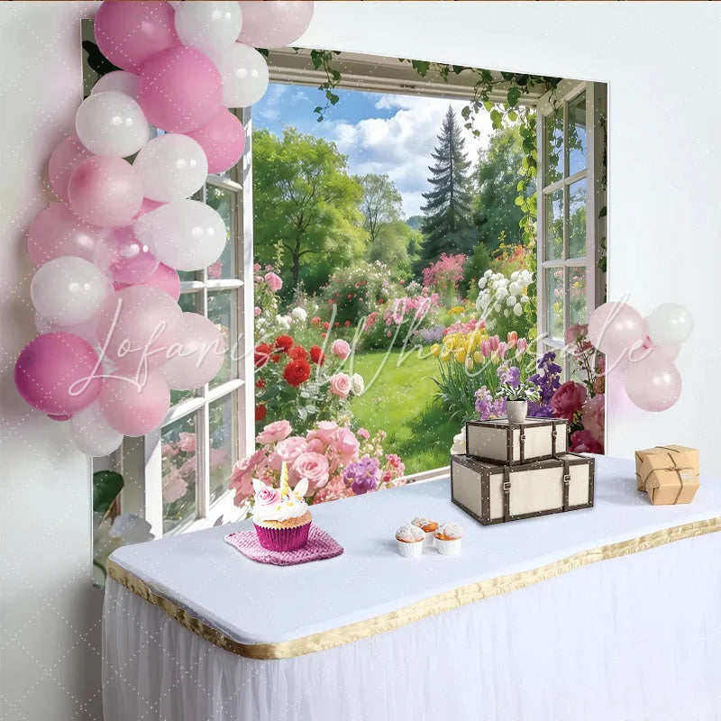 Lofaris Vibrant Spring Window Garden Photography Backdrop with Colorful Flowers Lush Natural Scenery Background for Studio Photoshoots
