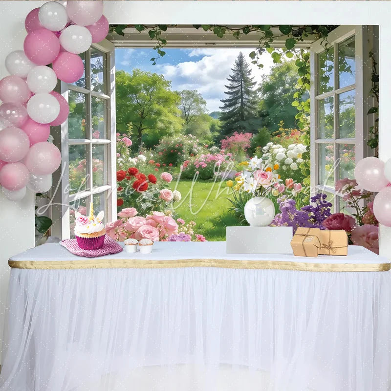 Lofaris Vibrant Spring Window Garden Photography Backdrop with Colorful Flowers Lush Natural Scenery Background for Studio Photoshoots