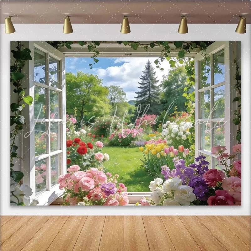 Lofaris Vibrant Spring Window Garden Photography Backdrop with Colorful Flowers Lush Natural Scenery Background for Studio Photoshoots