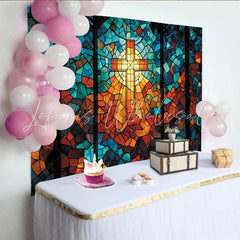 Lofaris Vibrant Stained Glass Cross Photography Backdrop with Mosaic Pattern Religious Church Window Background for Studio Portrait