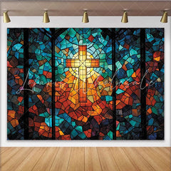 Lofaris Vibrant Stained Glass Cross Photography Backdrop with Mosaic Pattern Religious Church Window Background for Studio Portrait