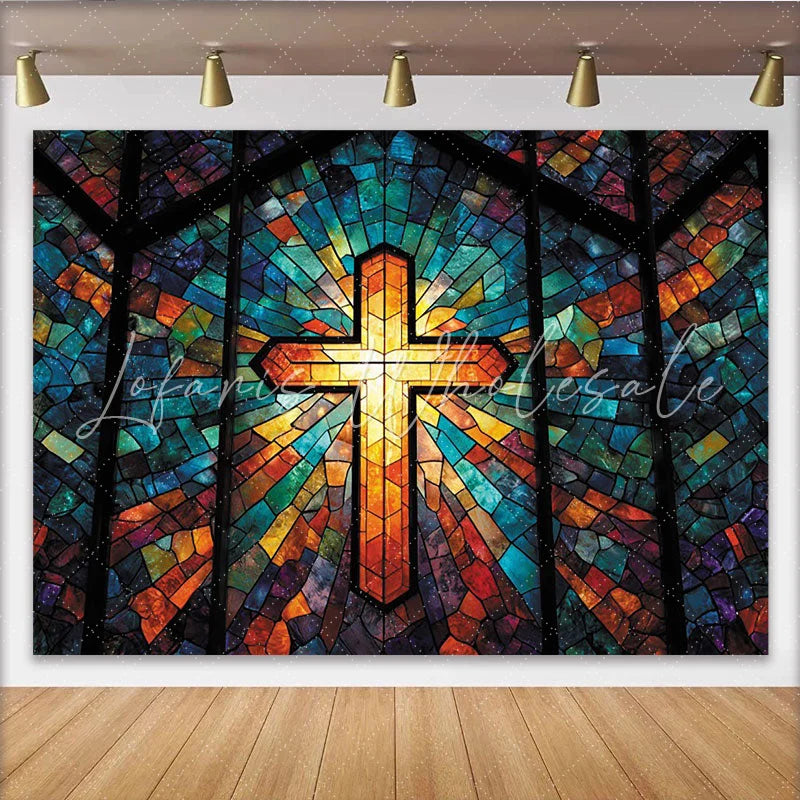 Lofaris Vibrant Stained Glass Cross Photography Backdrop with Radiant Light Artistic Studio Background for Religious Event