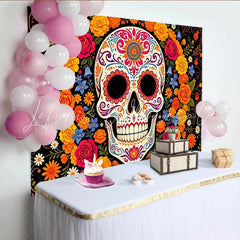 Lofaris Vibrant Sugar Skull Mexican Fiesta Backdrop with Colorful Flowers Festive Day of the Dead Party Background for Celebration Decor