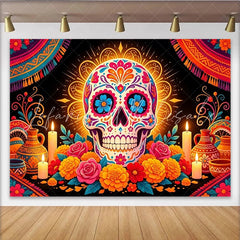 Lofaris Vibrant Sugar Skull Mexican Fiesta Backdrop with Colorful Flowers Festive Party Decor for Holiday Event Photography