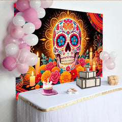 Lofaris Vibrant Sugar Skull Mexican Fiesta Backdrop with Colorful Flowers Festive Party Decor for Holiday Event Photography