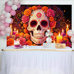 Lofaris Vibrant Sugar Skull Mexican Fiesta Backdrop with Flowers and Candles Colorful Celebration Photo Background for Festive Party Decor