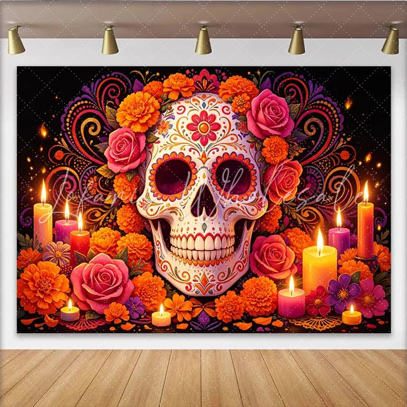 Lofaris Vibrant Sugar Skull Mexican Fiesta Backdrop with Flowers and Candles Colorful Celebration Photo Background for Festive Party Decor