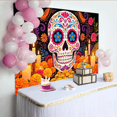 Lofaris Vibrant Sugar Skull Mexican Fiesta Backdrop with Marigold Flowers and Candles Festive Day of the Dead Party Background Decor